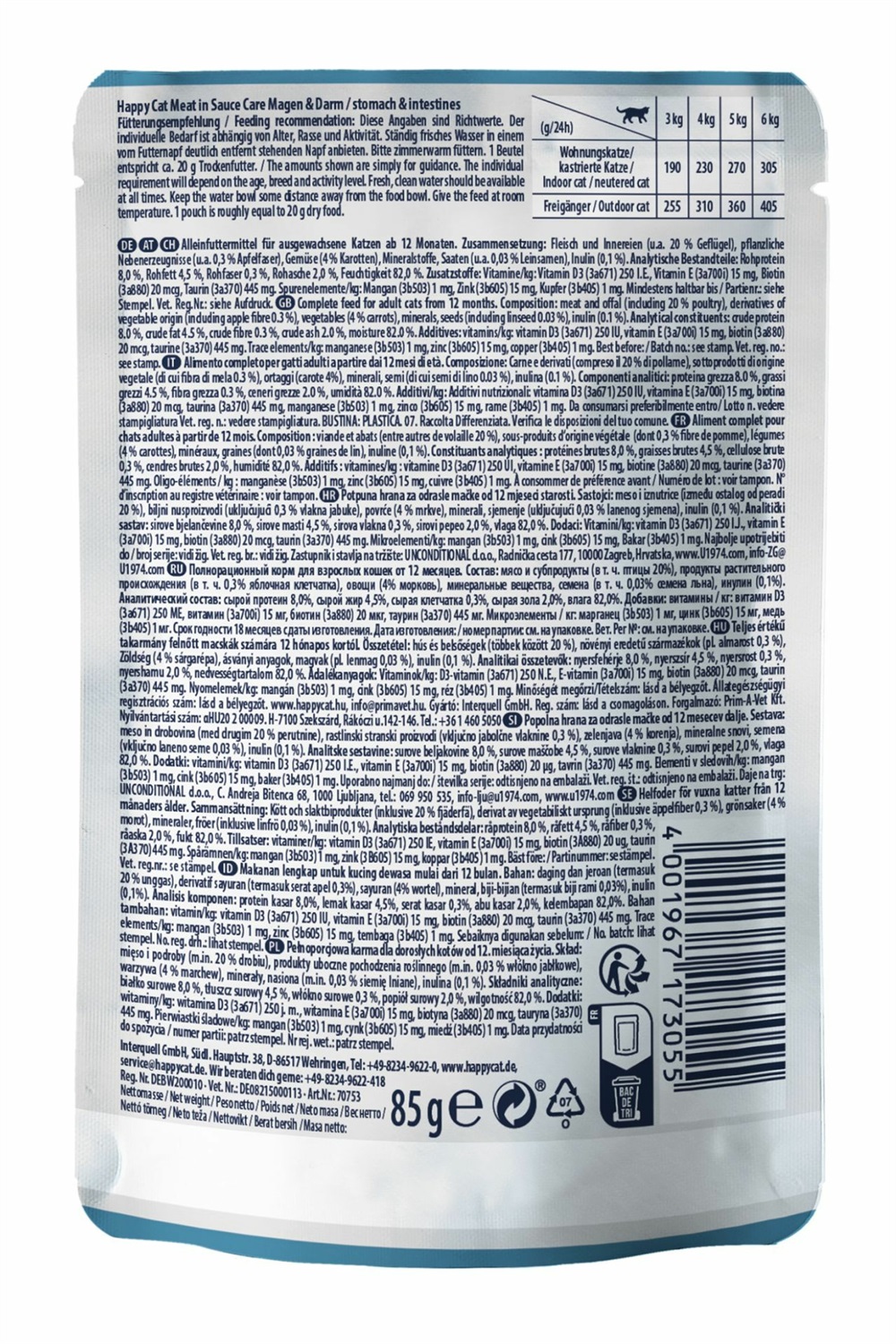 Happy Cat Adult Stomaco e Intestino - Cibo umido per gatti adulti 85 g - Senza cereali e conservanti, alta appetibilità