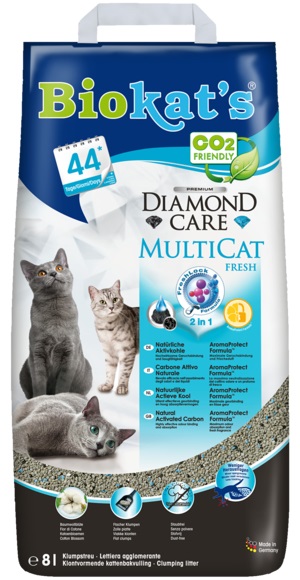 Biokat's Diamond Care MultiCat Fresh - Lettiera Agglomerante 8L con Carbone Attivo e Profumo di Fiori di Cotone, Formula FreshLock 2 in 1 per Controllo Odori