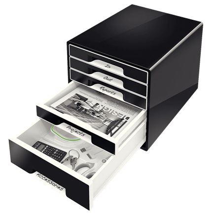 Leitz WOW Cube Cassettiera a 5 Cassetti Nero - Organizer per Documenti e Accessori da Scrivania in Formato A4