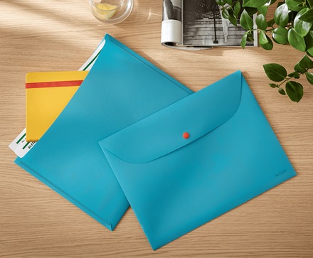 Leitz Cosy Busta con Bottone a 2 Tasche A4 Blu Calmo - Capacità 50 Fogli, Confezione da 3