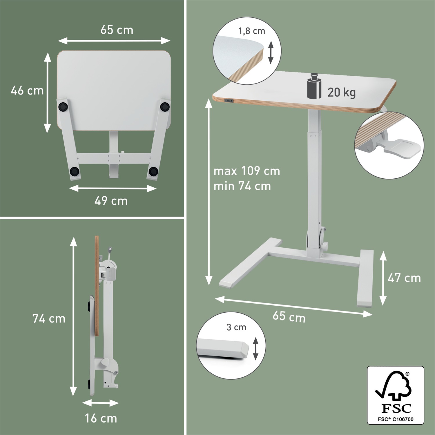Leitz Scrivania Pieghevole Ergonomica Sit-Stand, Leggera e Compatta, Regolabile in Altezza 74-109 cm, Supporta fino a 20 kg, Bianco