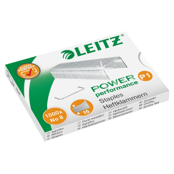 Leitz Punti Metallici n° 8 in Metallo Zincato - Scatola da 1000 Punti, Capacità di Cucitura fino a 15 Fogli, Lunghezza Gamba 4 mm