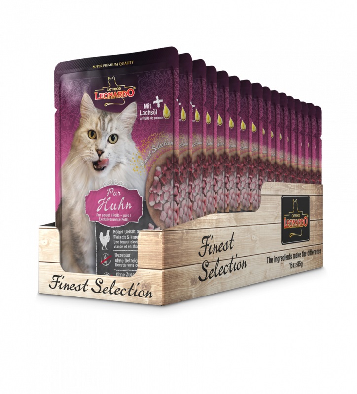 Leonardo Finest Selection Cibo Umido per Gatti - Pollo Puro - 16 x 85 g - Senza Cereali e Zucchero - Alimento Completo per Gatti Adulti