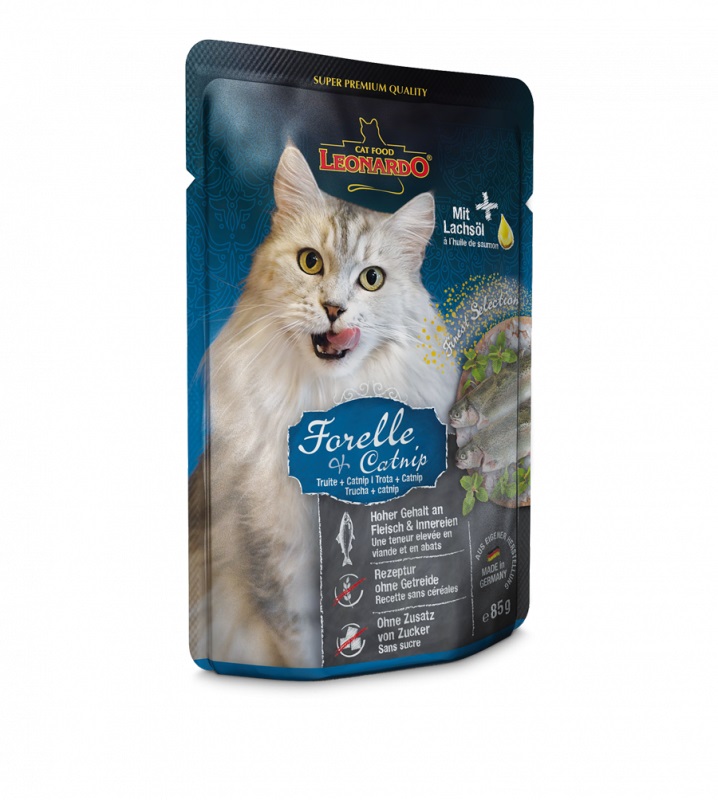 Leonardo Cibo Umido per Gatti - Trota e Catnip - 16x85g - Senza Cereali - Alimento Completo in Busta Monoporzione