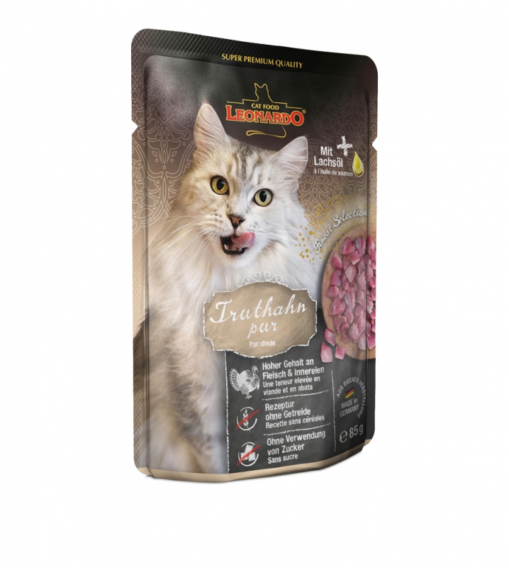 Leonardo Finest Selection Cibo Umido per Gatti - Tacchino - Doppio Pacchetto (2 x 16 x 85 g) - Con Olio di Salmone