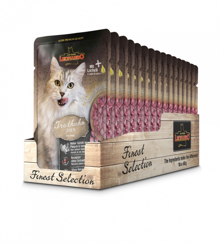 Leonardo Finest Selection Cibo Umido per Gatti - Tacchino - Doppio Pacchetto (2 x 16 x 85 g) - Con Olio di Salmone