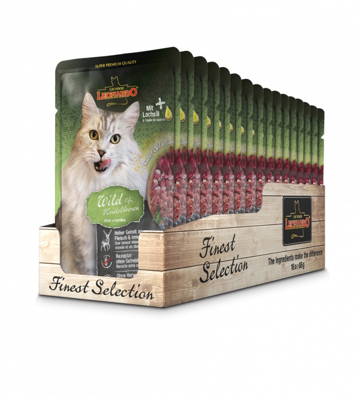 Leonardo Finest Selection Cibo Umido per Gatti - Selvaggina con Mirtilli - Confezione da 16 x 85 g - Con Olio di Salmone