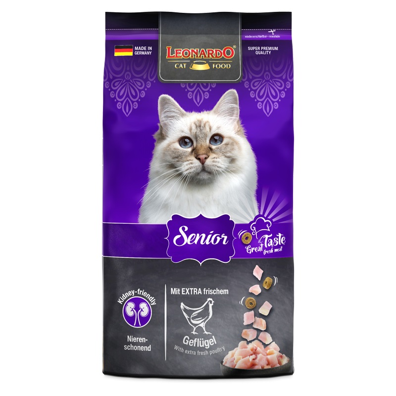 Leonardo Cat Food Senior - Cibo secco per gatti adulti e anziani con pollo fresco, 300 g, ridotto contenuto di fosforo e sistema anti-aging