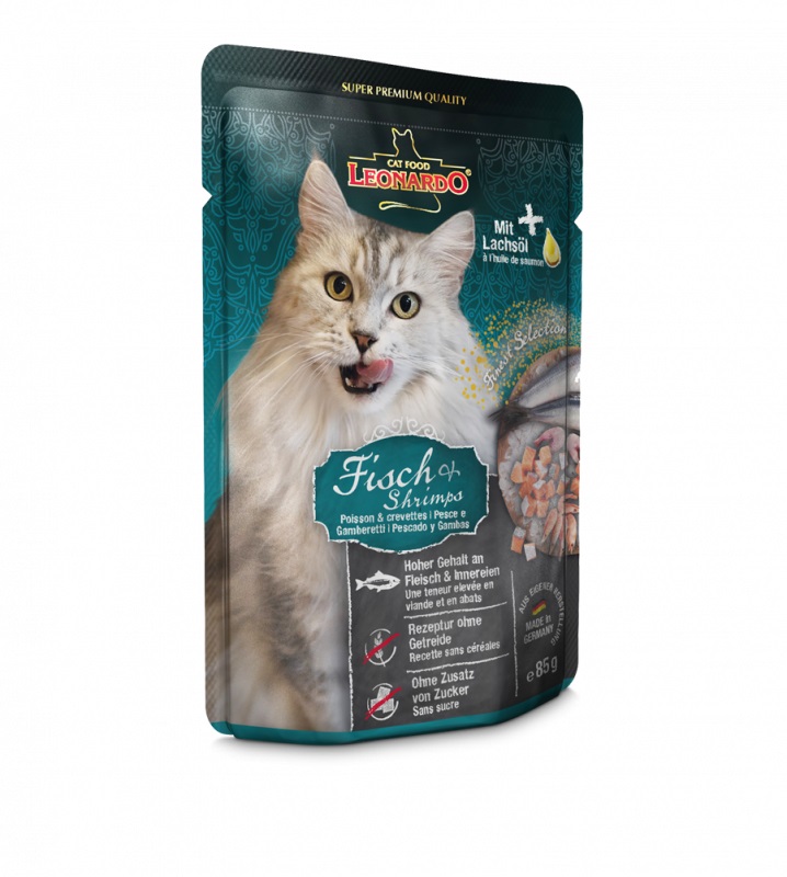 Leonardo Cat Food Finest Selection Cibo Umido per Gatti 85 g - Pesce e Gamberetti, Senza Cereali, Ricco di Carne, con Olio di Salmone