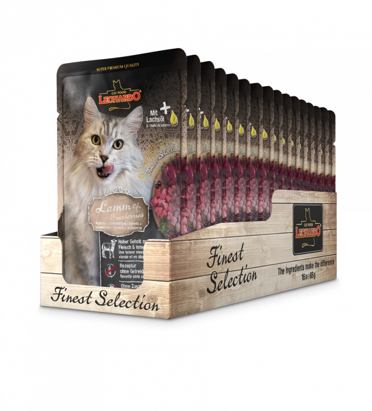 Leonardo Finest Selection Cibo Umido per Gatti 85 g - Agnello & Cranberry, Senza Cereali e Zucchero, con Olio di Salmone