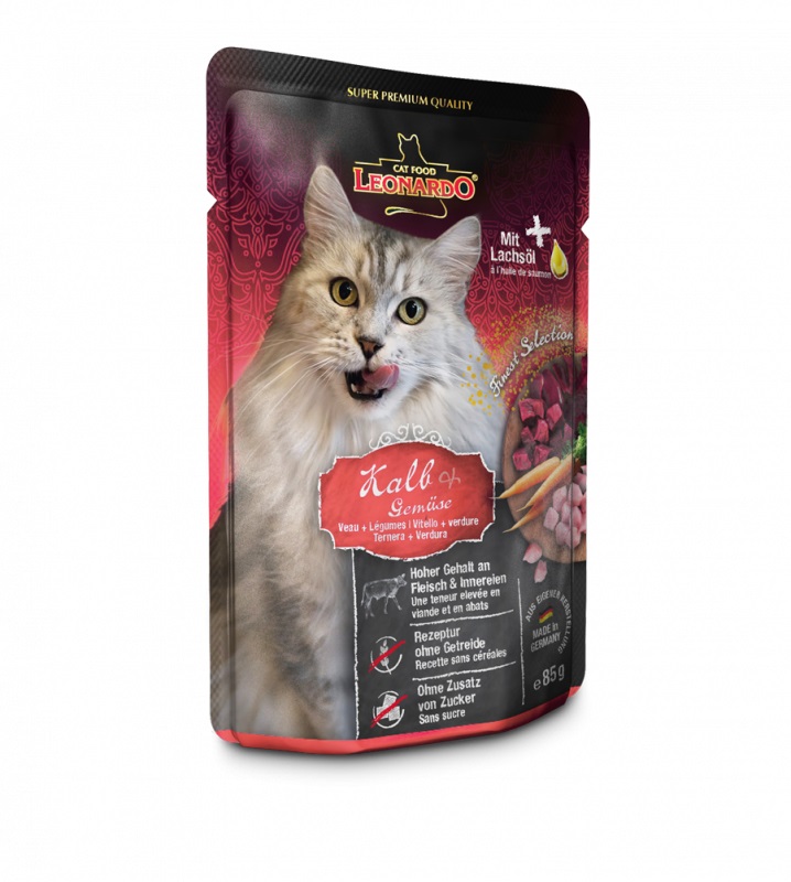 Leonardo Cat Food - Cibo Umido per Gatti 85 g - Vitello con Verdure, Senza Cereali, Ricco di Carne e Olio di Salmone
