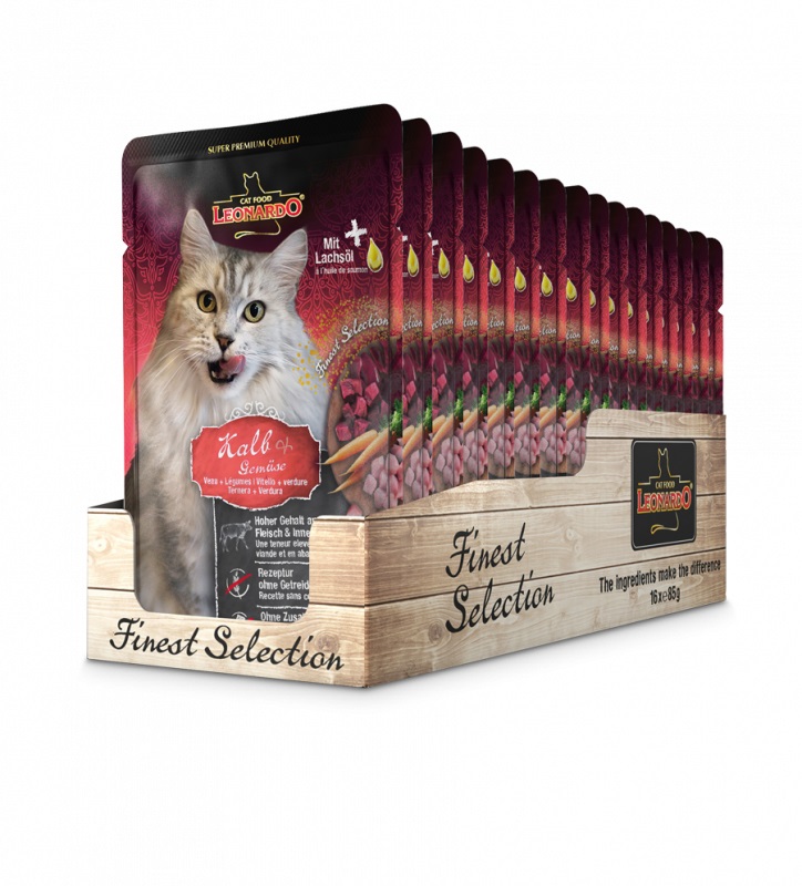 Leonardo Cat Food - Cibo Umido per Gatti 85 g - Vitello con Verdure, Senza Cereali, Ricco di Carne e Olio di Salmone