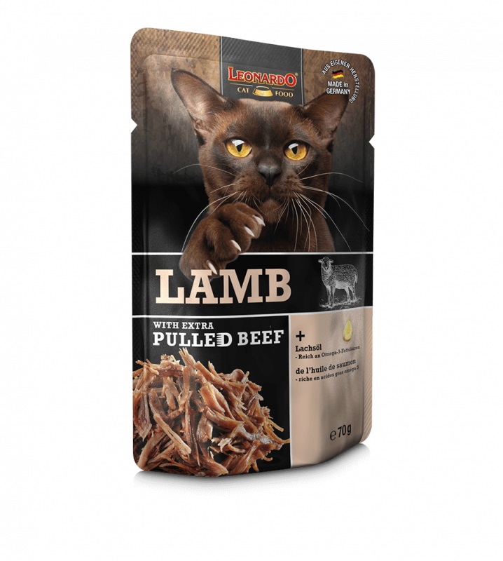 LEONARDO Cibo Umido per Gatti Adulti con Patè di Agnello, Straccetti di Manzo e Olio di Salmone - 16 Buste da 70g