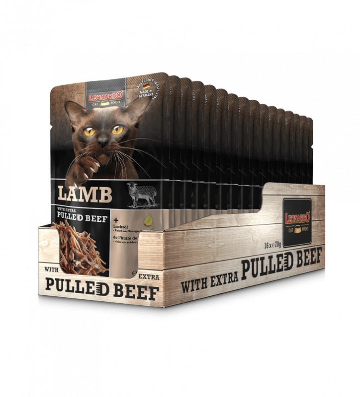 LEONARDO Cibo Umido per Gatti Adulti con Patè di Agnello, Straccetti di Manzo e Olio di Salmone - 16 Buste da 70g