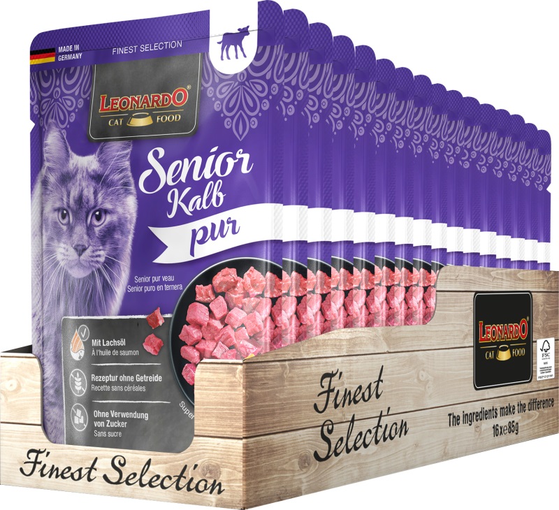 LEONARDO Cibo Umido per Gatti Anziani 85g - Pura Carne di Vitello e Olio di Salmone, Senza Cereali e Zucchero