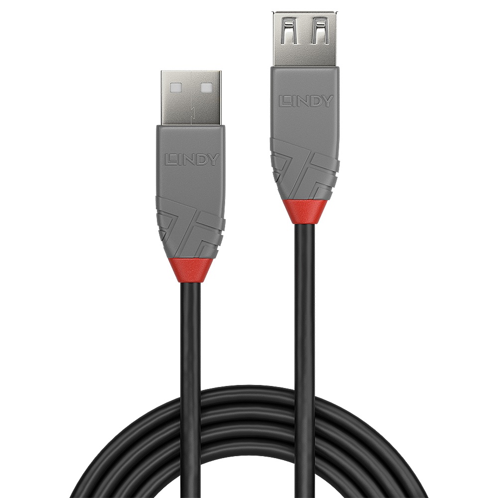 Lindy Cavo Prolunga USB 2.0 3 m con Connettore USB A Maschio a Femmina, Velocità di Trasferimento Fino a 480 Mbps, Nero e Grigio