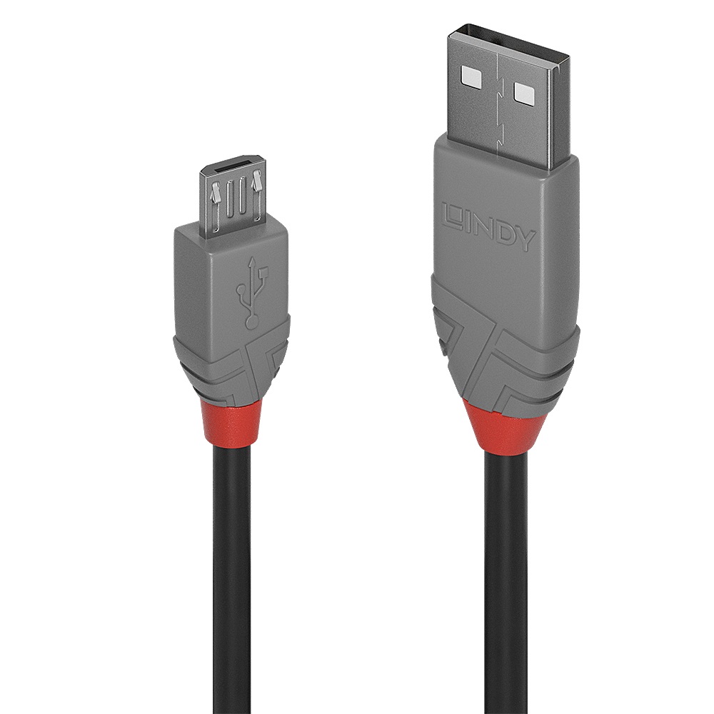 Lindy 36733 Cavo USB 2.0 2 m Tipo A a Micro-USB B, Velocità 0,48 Gbit/s, Colore Nero e Grigio