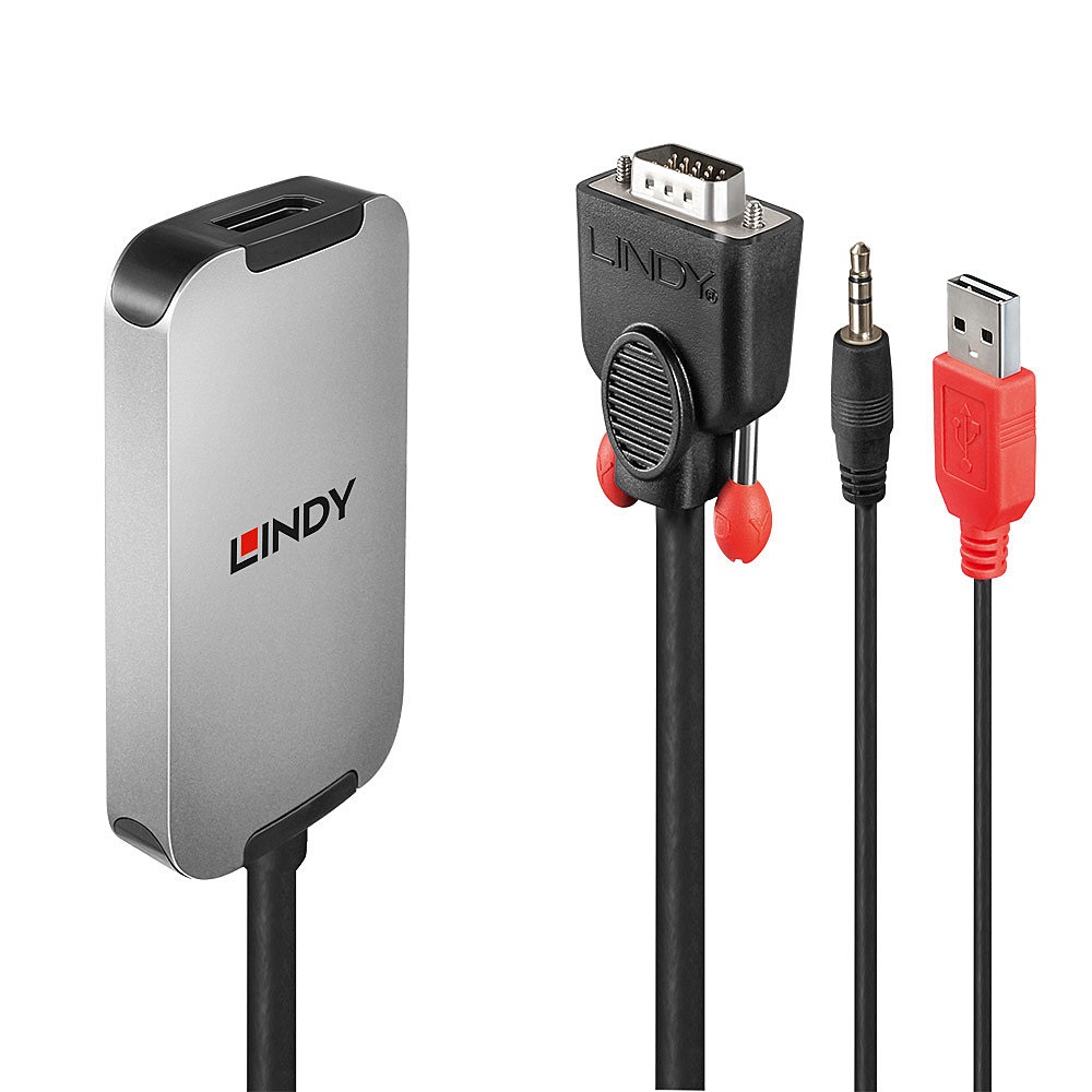 Lindy 38296 Convertitore Video VGA & Audio a DisplayPort - Risoluzione 1920 x 1080 Pixel, 1080p, Nero e Bianco