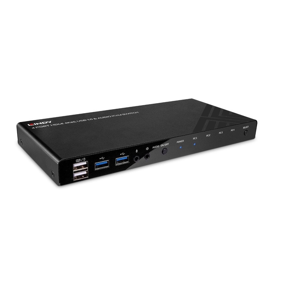 Lindy KVM Switch 4 Porte HDMI 4K60, USB 3.0 & Audio - 39313, Nero