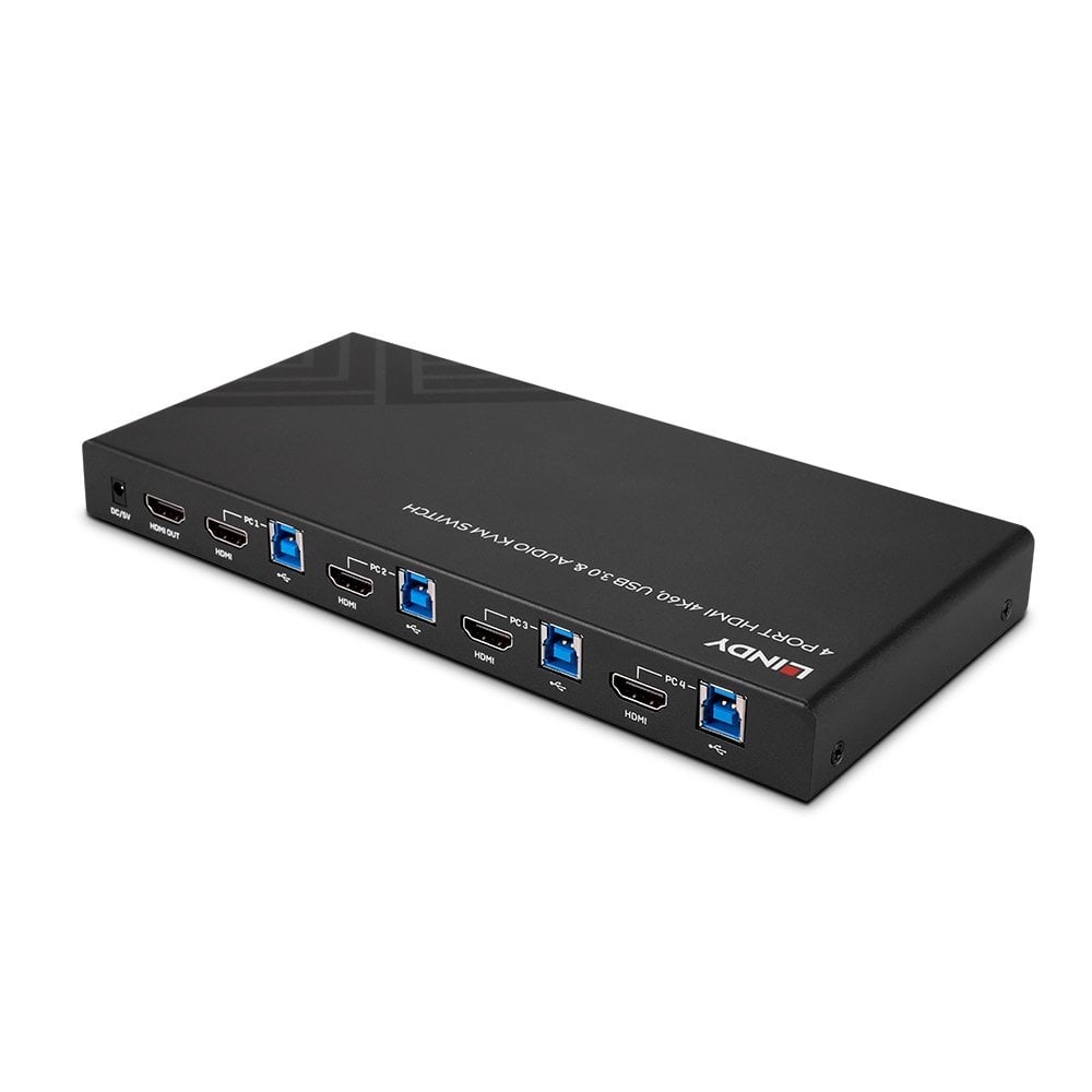 Lindy KVM Switch 4 Porte HDMI 4K60, USB 3.0 & Audio - 39313, Nero