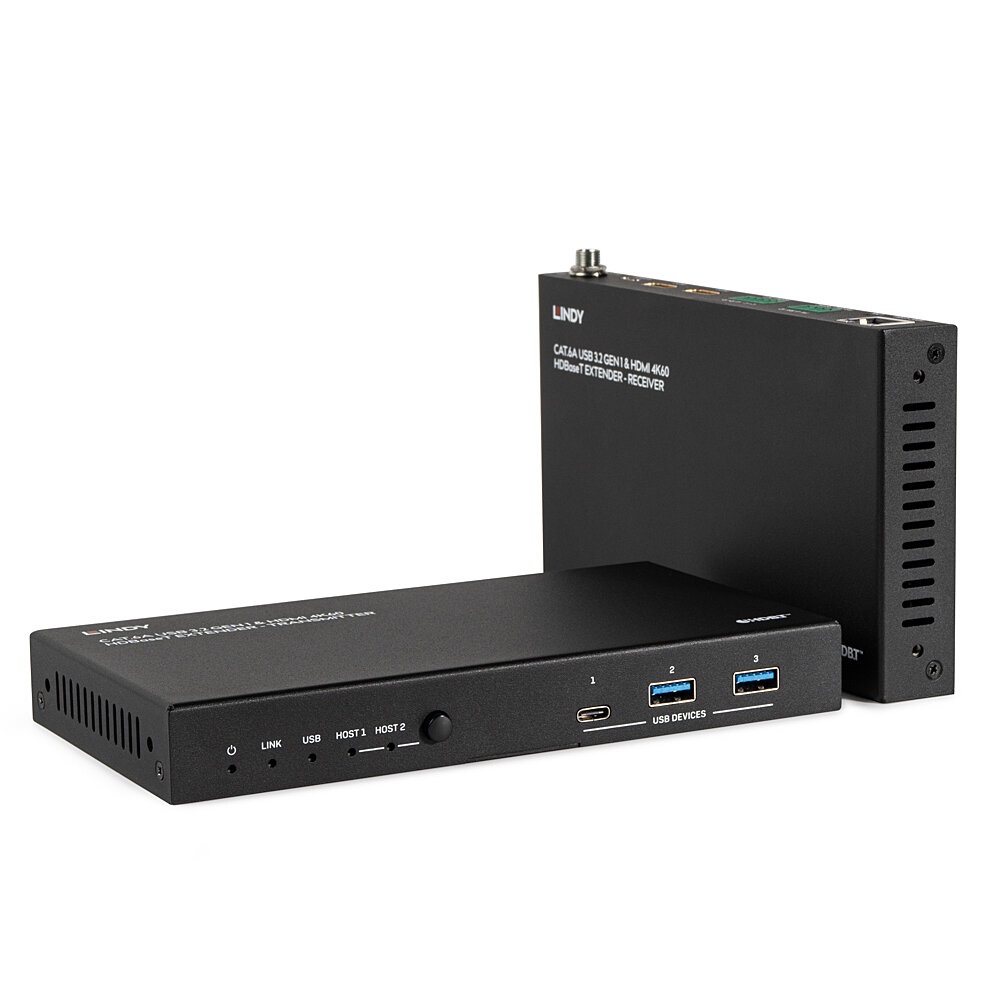 Lindy 100m Cat.6A HDBaseT Extender con 2 Host USB 3.2 - Gen 1 e HDMI 4K60, Nero
