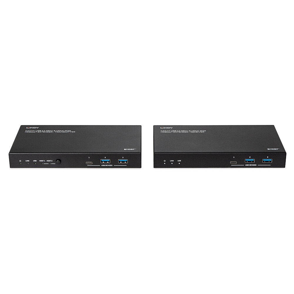 Lindy 100m Cat.6A HDBaseT Extender con 2 Host USB 3.2 - Gen 1 e HDMI 4K60, Nero