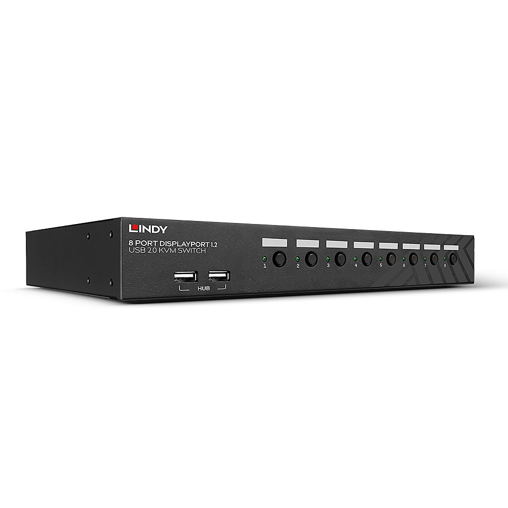 Lindy 39540 Switch KVM 8 Port DisplayPort 1.2, USB 2.0 & Audio - Montaggio Rack Nero con Tastiera Tedesca