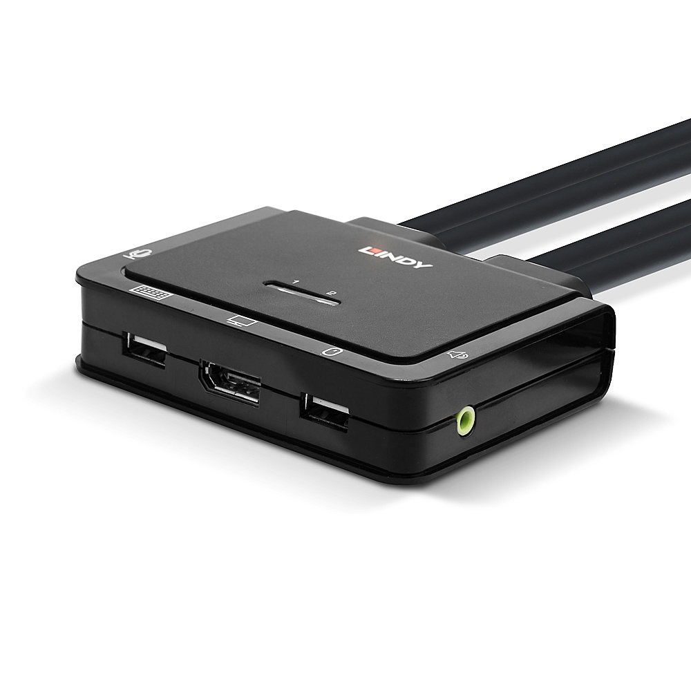Lindy 42344 Switch KVM 2 Porte DisplayPort 4K Ultra HD, USB 2.0 & Audio, Montaggio Rack, Nero