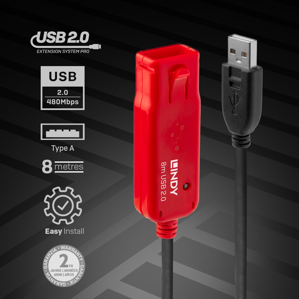 Lindy Cavo Prolunga Attiva USB 2.0 Pro, 8m - Nero, Fino a 60m di Distanza, Certificato CE, RoHS