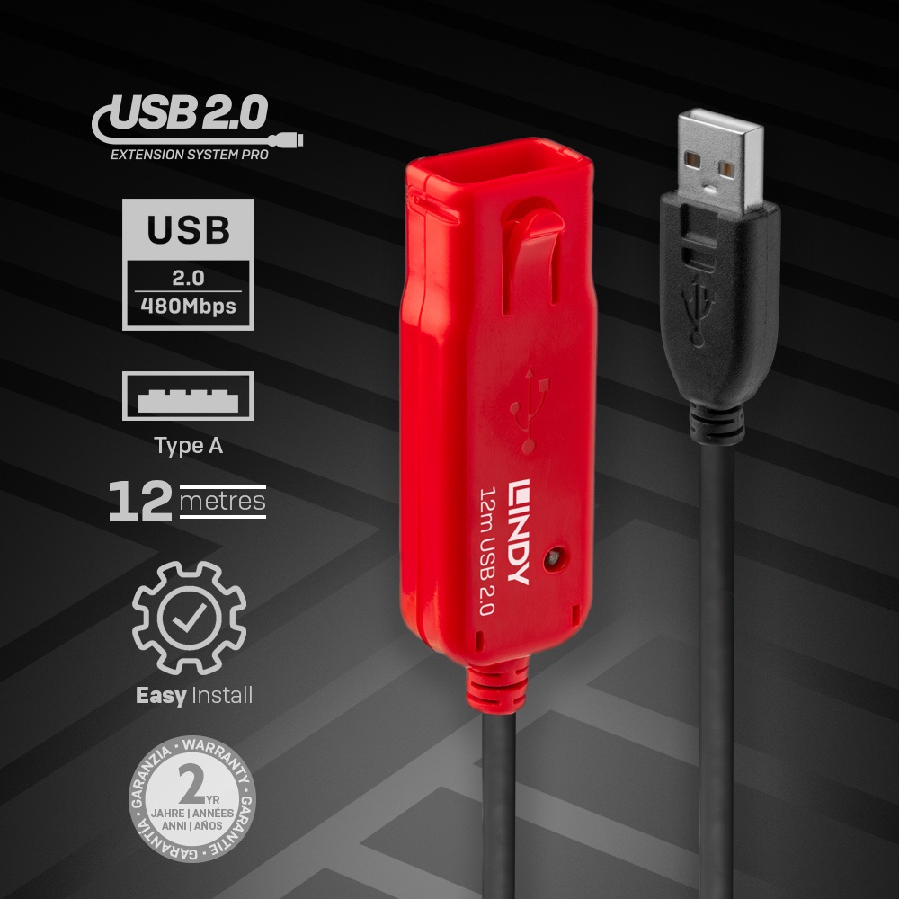 Lindy 42782 Prolunga Attiva USB 2.0, 12 m, USB A - USB A, Nero, 480 Mbit/s