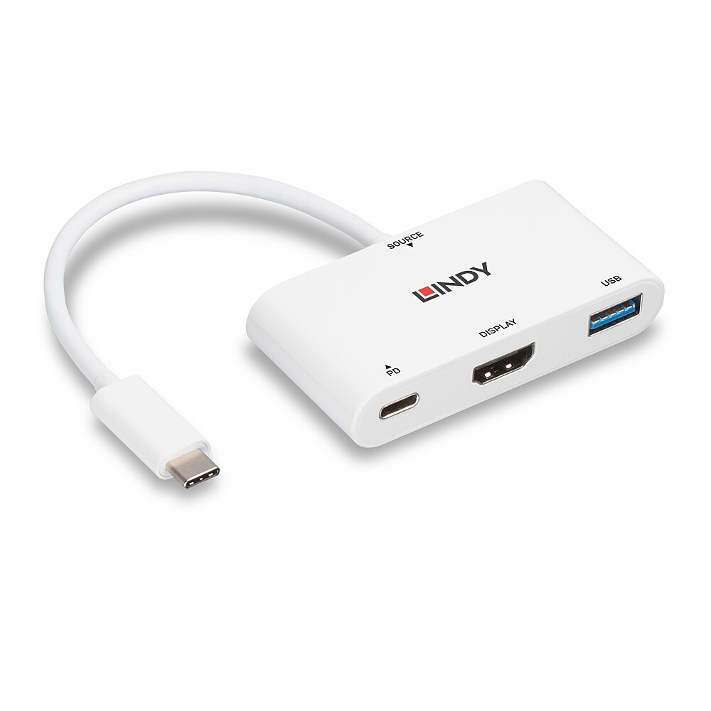 Lindy 43340 Adattatore Grafico USB 3.1 Tipo C a HDMI con Porta USB Tipo A e Power Delivery - 3840 x 2160 Pixel - Bianco