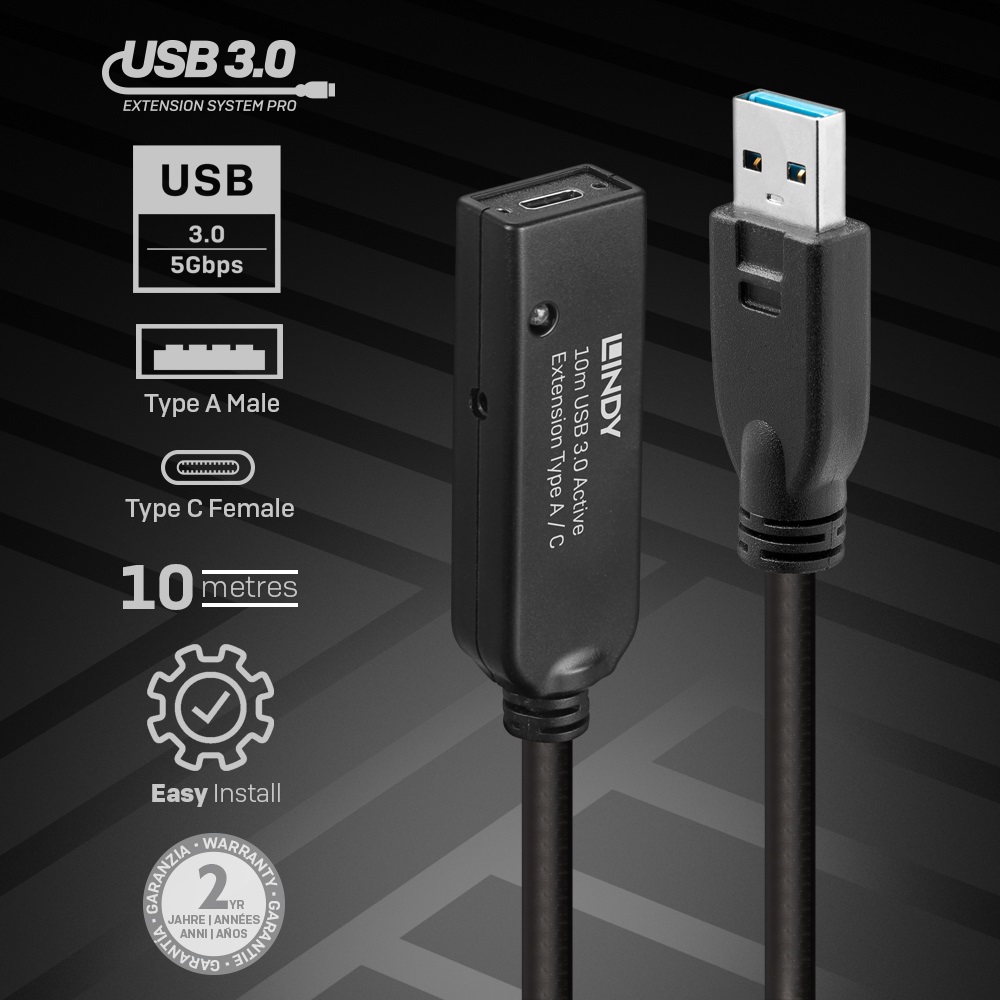 Lindy 43376 Cavo USB 3.2 Gen 1 (3.1 Gen 1) 10 m USB A a USB C Nero