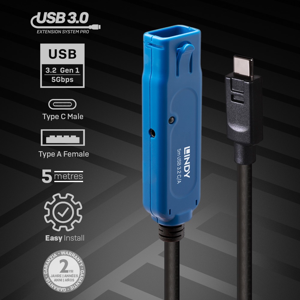 Lindy 43380 Cavo Attivo USB 3.2 Gen 1 (3.1 Gen 1) Extension Pro 5 m USB C a USB A Nero