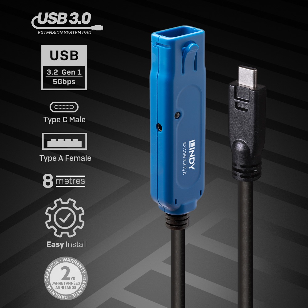 Lindy 43381 Cavo USB 8 m USB 3.2 Gen 1 (3.1 Gen 1) con connettori USB C e USB A - Nero e Blu