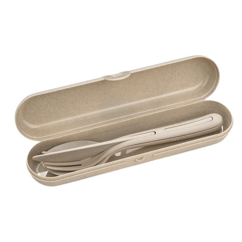 KOZIOL Set Posate Klikk Ready Organic Sabbia - Forchetta, Cucchiaio e Coltello in Custodia Compatta e Riutilizzabile
