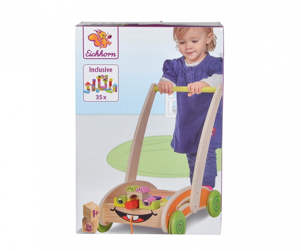 Eichhorn Carrello Primi Passi Trainabile in Legno con 35 Mattoncini Colorati - Età 1-36 Mesi