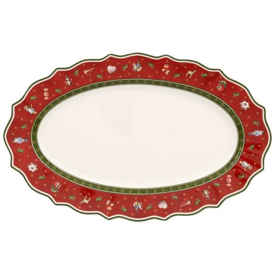 Villeroy & Boch Toy's Delight Piatto da Portata Ovale in Porcellana Premium 39cm - Rosso e Bianco, Adatto per Microonde, Design Natalizio