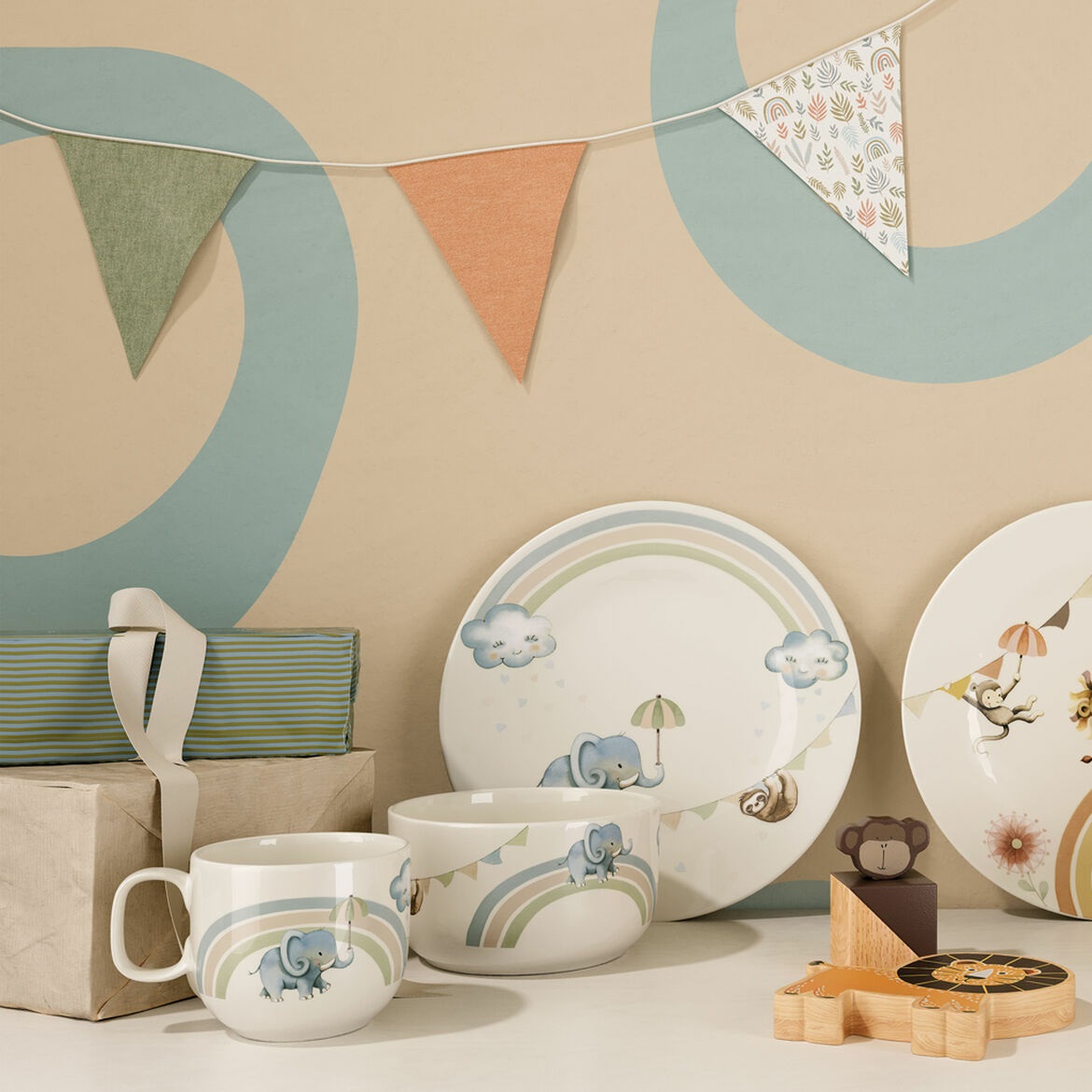 Villeroy & Boch Boho Kids Set Pappa 'Walk Like an Elephant' 3 Pezzi in Porcellana Multicolore con Posate in Acciaio Inossidabile