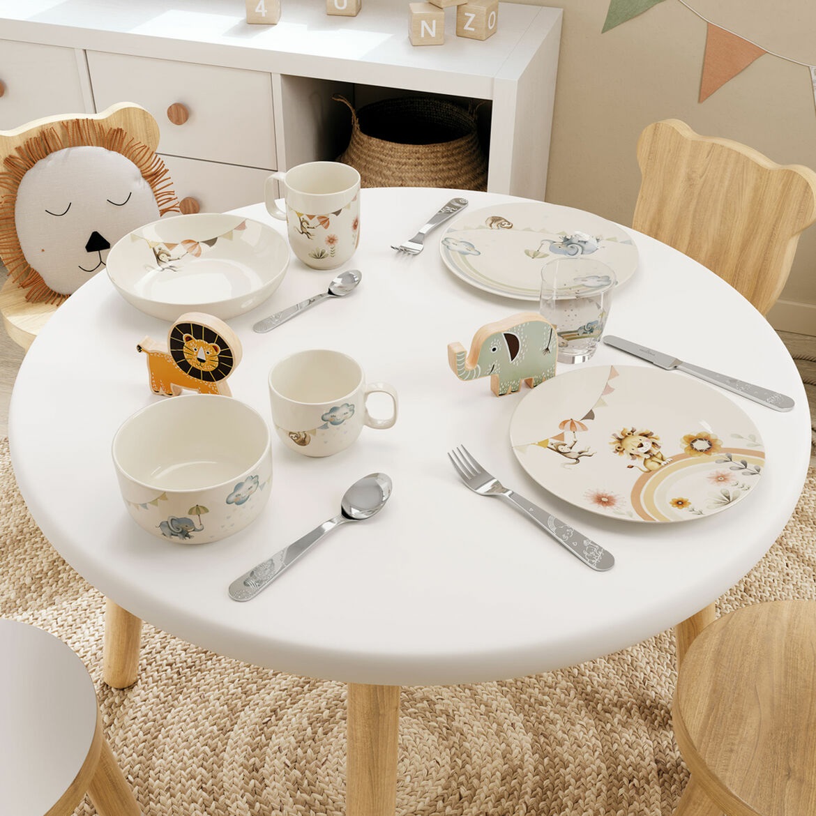 Villeroy & Boch Boho Kids Set Pappa 'Walk Like an Elephant' 3 Pezzi in Porcellana Multicolore con Posate in Acciaio Inossidabile