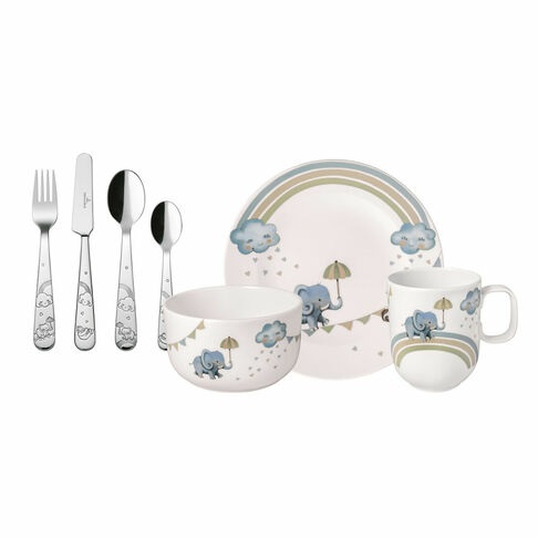 Villeroy & Boch Boho Kids Walk Like an Elephant Set di Stoviglie per Bambini 7 Pezzi in Porcellana con Posate in Acciaio Inossidabile, Lavabile in Lavastoviglie e Adatto al Microonde, Multicolore