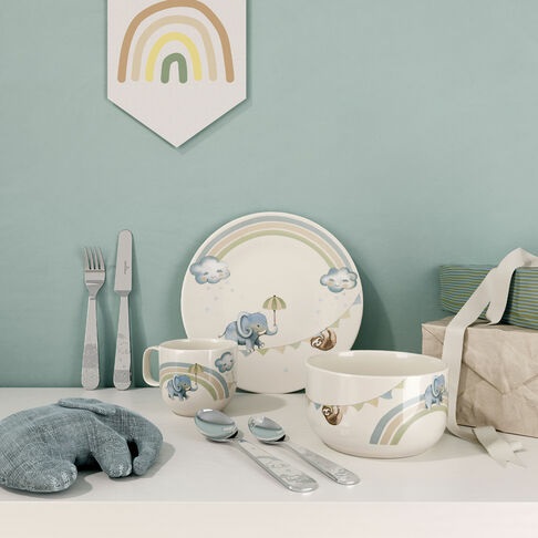 Villeroy & Boch Boho Kids Walk Like an Elephant Set di Stoviglie per Bambini 7 Pezzi in Porcellana con Posate in Acciaio Inossidabile, Lavabile in Lavastoviglie e Adatto al Microonde, Multicolore