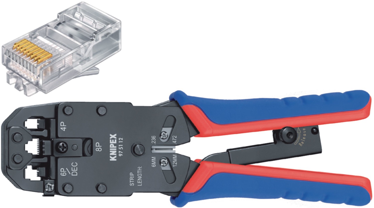 Knipex Pinza Crimpatrice per Connettori Modulari Tipo Western 200 mm - 97 51 12 SB, Testa Brunita, Manici in Materiale Bicomponente, Meccanismo di Apertura Migliorato