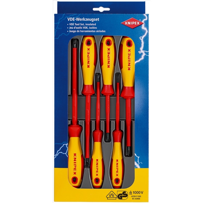 Knipex Set di Cacciaviti Isolati 6pz - 3mm/4mm/5,5mm/6,5mm/PH1/PH2 in Confezione Self-Service [00 20 12 V01]