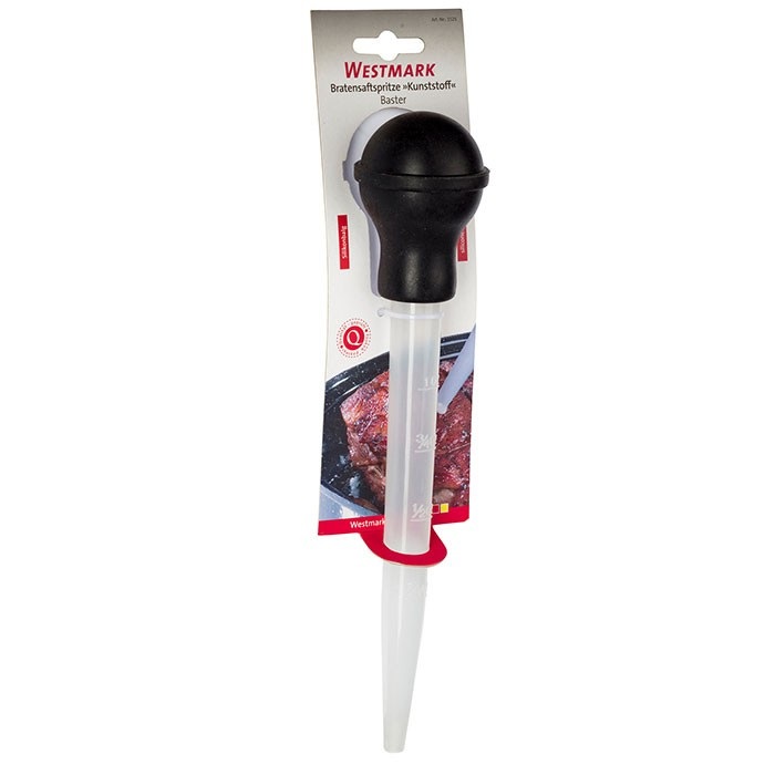 Westmark Pompetta per Arrosto in Plastica con Spazzolino di Pulizia - Lunghezza 28 cm, Capacità 30 ml, Rosso/Trasparente