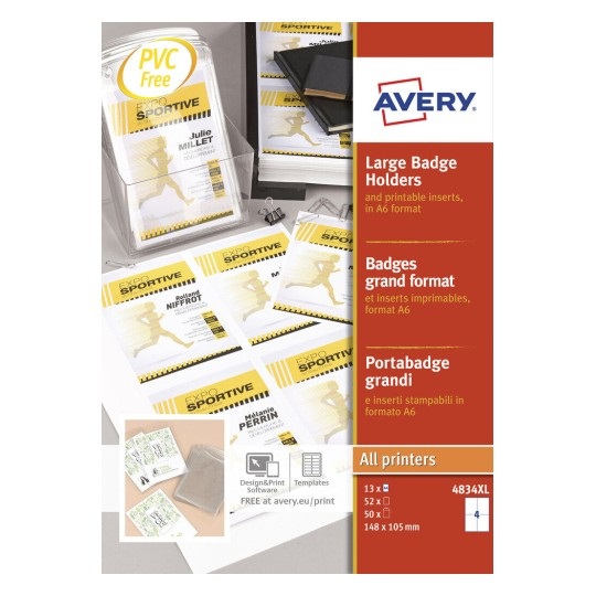 Avery 4834XL Porta Badge A6 in Plastica - 50 Pezzi con Inserto in Carta Certificata FSC® - Dimensioni 105 x 148 mm, Compatibile Laser e Inkjet