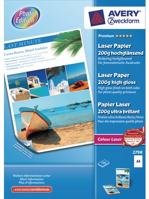 Avery 2798 Carta Fotografica A4 Lucida Extra Glossy 200 g/m² - 100 Fogli, Stampabile Fronte/Retro per Stampanti Laser e Inkjet