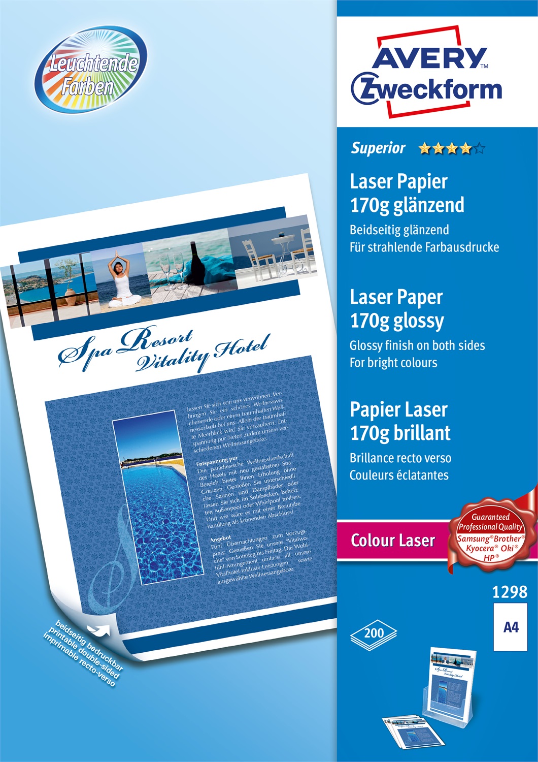 Avery 1298 Carta Fotografica Lucida A4 (210x297 mm) - 200 Fogli, 170 g/m², Compatibile con Stampanti Inkjet e Laser, Ecologica