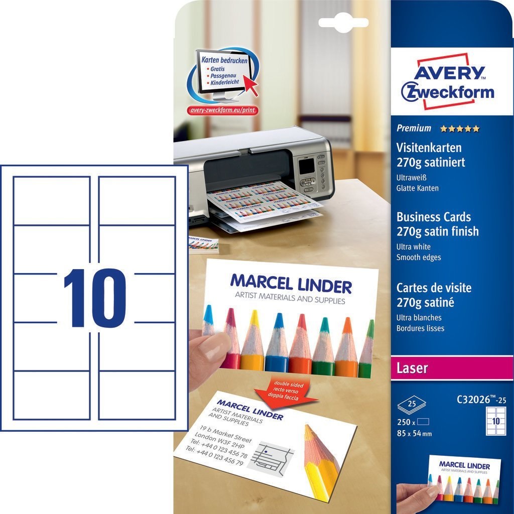 Avery C32026-25 Biglietti da Visita Satinati 85 x 54 mm - 270 g/m² - Fronte/Retro - Confezione da 250 Biglietti