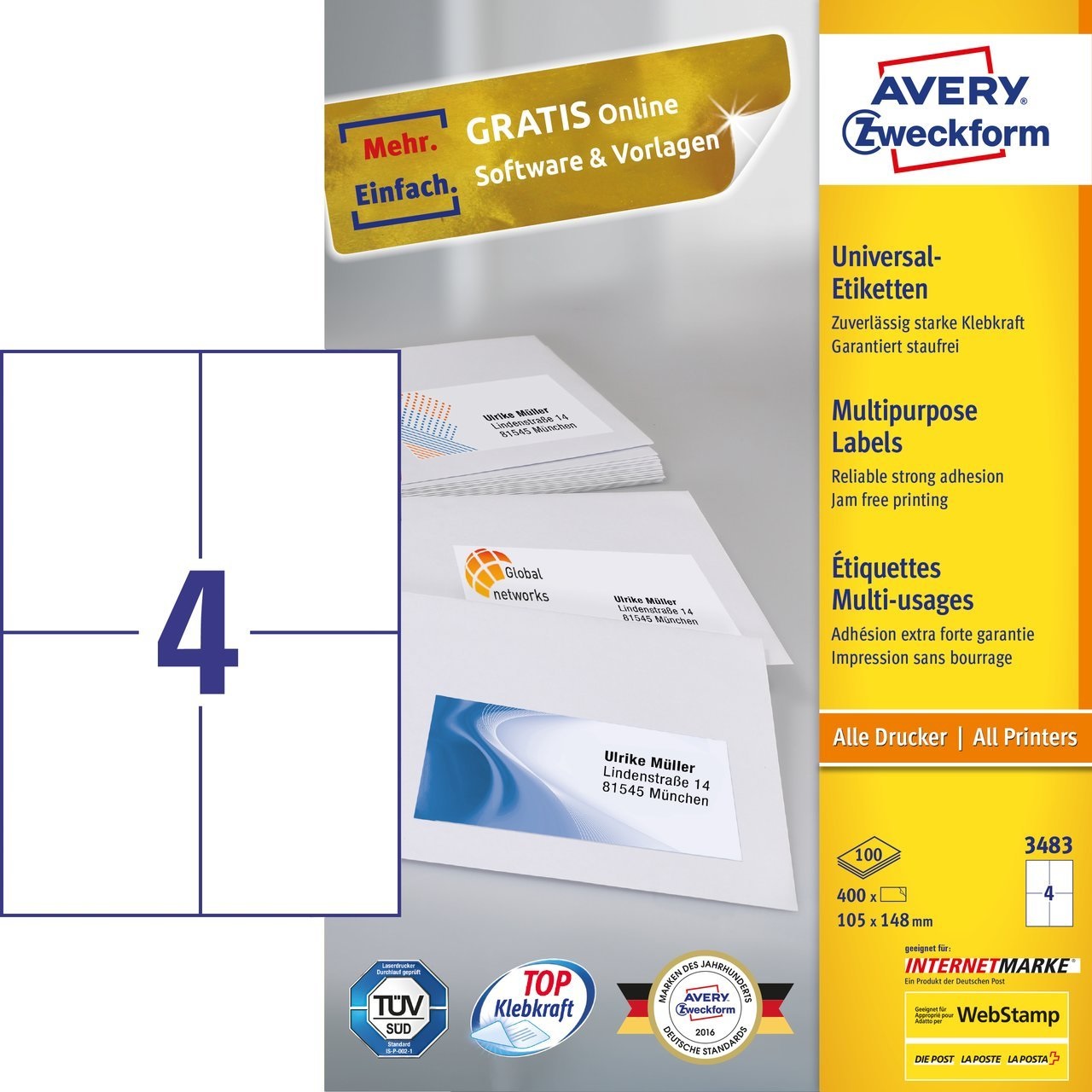 Avery 3483 Etichetta Multiuso 105 x 148 mm Confezione da 100 Fogli FSC