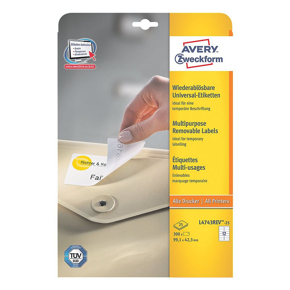 Avery Etichette Adesive Rimovibili L4743REV-25 - 99,1 x 42,3 mm, Carta Bianca, 25 Fogli A4, 12 Etichette per Foglio, Compatibili con Stampanti Laser e Inkjet